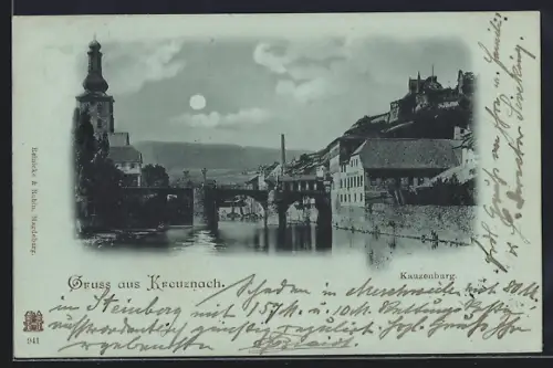 Mondschein-AK Bad Kreuznach, Brücke, Kirche, Kauzenburg