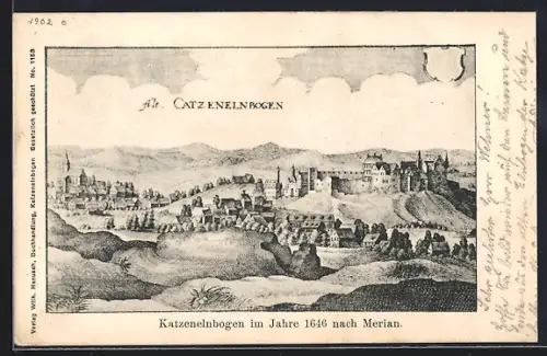 Lithographie Katzenelnbogen, Stadtansicht im Jahre 1646 nach Merian