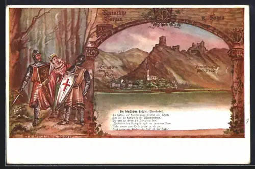 Künstler-AK Bornhofen /St. Goarshausen, Ortsansicht mit Burgen, Die feindlichen Brüder
