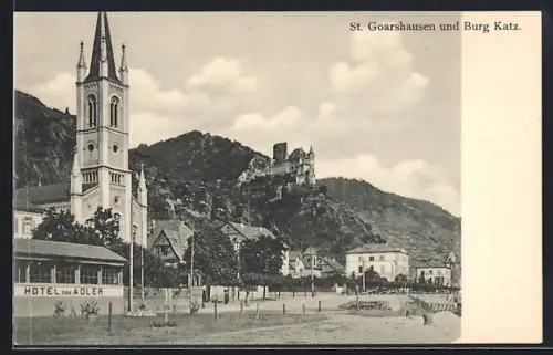 AK St. Goarshausen, Burg Katz, Kirche, Hotel zum Adler