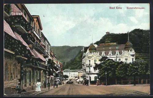 AK Bad Ems, Bahnhofstrasse, Hotel Guttenberg