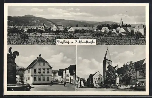 AK Mussbach an der Weinstrasse, Ortsansicht, Kirche, Brunnen