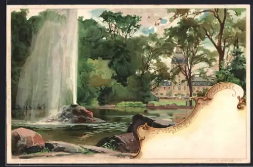 Lithographie Karlsruhe, Schlosspark, Schloss, Fontäne