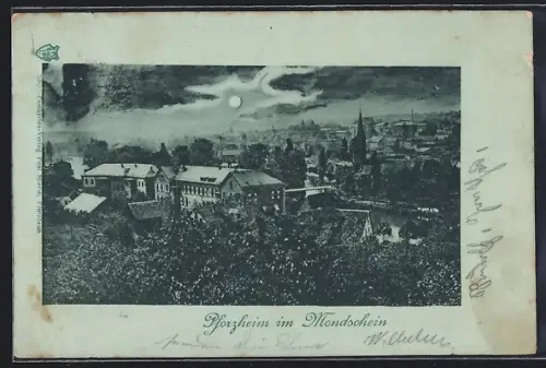 Mondschein-AK Pforzheim, Stadtansicht im Vollmondlicht