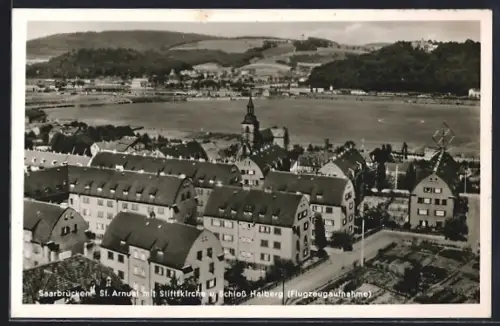 AK Saarbrücken-St. Arnual, Stiftskirche, Schloss Halberg, Wohnsiedlung, Luftaufnahme