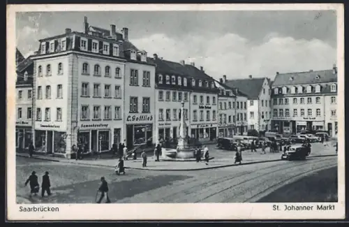 AK Saarbrücken, St. Johanner Markt, Geschäftshaus L. Sollhoss, Brunnen, Strassenbahn