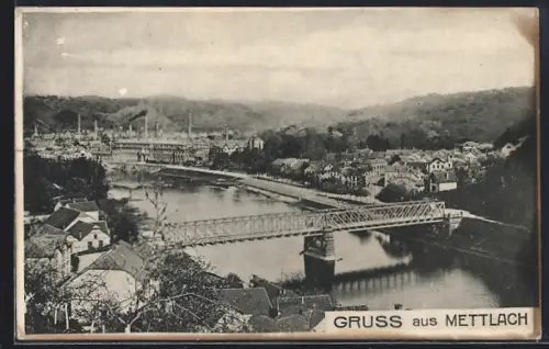 AK Mettlach, Brücke über die Saar, Ortsansicht
