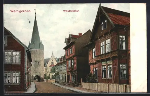 AK Wernigerode, Westernthor und Fachwerkhäuser