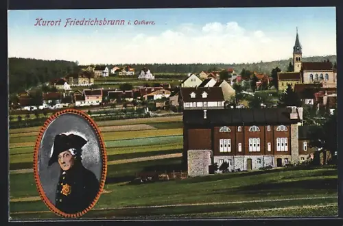 AK Friedrichsbrunn i. Ostharz, Ortsansicht, Kirche, Porträt Friedrich des Grossen