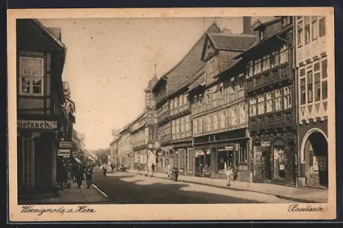AK Wernigerode a. Harz, Breite Strasse, Fachwerkhäuser, Geschäftshaus