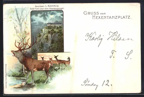 Lithographie Hexentanzplatz, Hirsche, Gasthaus von L. Schmid