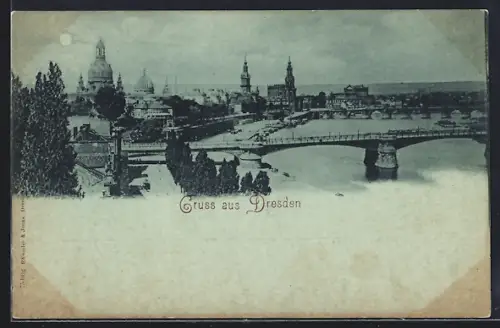 Mondschein-AK Dresden, Altstadtpanorama mit Elbbrücke und Frauenkirche
