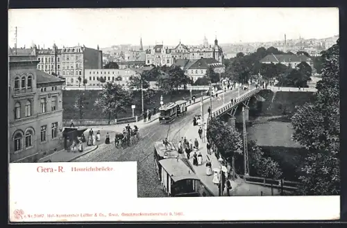 AK Gera-Weischlitz, Heinrichsbrücke, Strassenbahn, Stadtansicht