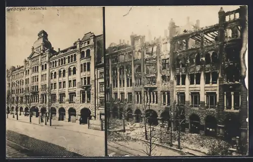 AK Leipzig, Revolutionskömpfe 1918/20, Volkshaus vor und nach der Zerstörung