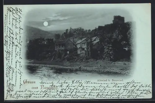 Mondschein-AK Altwied b. Neuwied, Burgruine und Ortsansicht am Fluss bei Nacht