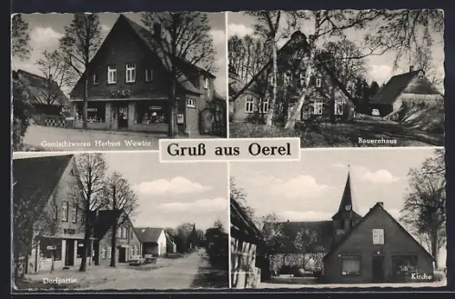AK Oerel, Gemischtwaren Herbert Wewior, Bauernhaus, Dorfpartie, Kirche