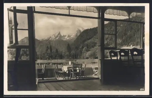 AK Berchtesgaden, Böcklweiher Kaffee-Restaurant, Terrasse mit Bergblick