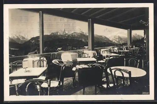AK Berchtesgaden, Terrasse im Café Rottenhöfer, Blick auf Watzmann und Funtenseetauern