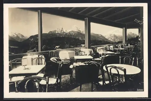 AK Berchtesgaden, Terrasse im Café Rottenhöfer, Blick auf Watzmann und Funtenseetauern