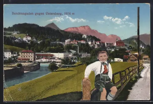 AK Berchtesgaden, Blick gegen Untersberg, Knabe in Tracht