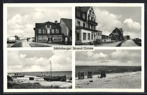 AK Schönberger Strand /Ostsee, Strandpromenade, Heuers Hotel, Strand mit Booten und Strandkörben