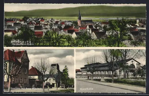 AK Heidesheim /Rhein, Ortsansicht, Postamt mit Burg Windeck, Markthalle