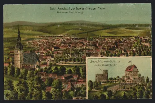 Lithographie Frankenhausen a. Kyffh., Gesamtansicht, Restaurant Zur Frankenburg