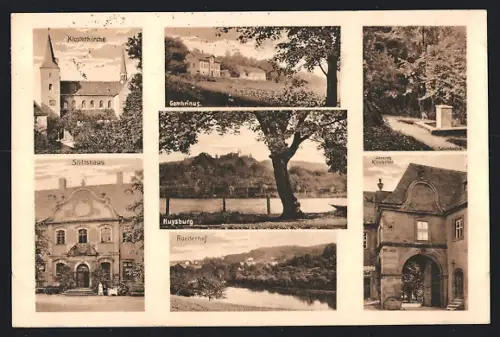 AK Huysburg, Flusspartie, Klosterkirche, Stiftshaus, Roederhof, Gambrinus, Klostermauer