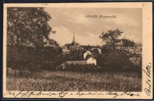AK Asbach /Westerwald, Ortsansicht mit Kirche und Wohnhäusern
