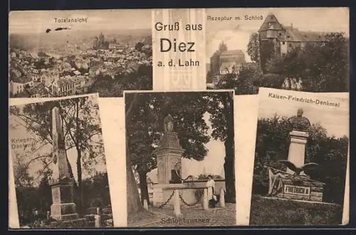 AK Diez a. d. Lahn, Totalansicht, Rezeptur mit Schloss, Kriegerdenkmal, Schlossbrunnen, Kaiser-Friedrich-Denkmal
