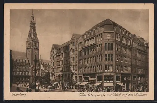 AK Hamburg, Mönckebergstrasse mit Blick auf das Rathaus