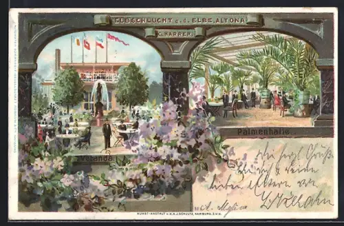 Lithographie Hamburg-Othmarschen, Gasthof von G. Harrer, Palmenhalle und Veranda