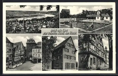 AK Linz am Rhein, Kaiserberg, Schwimmbad, Burgplatz, Jugendherberge, Mühlengasse