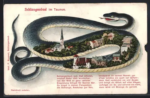 AK Schlangenbad im Taunus, Ortsansicht mit Kirche von Schlange umrahmt