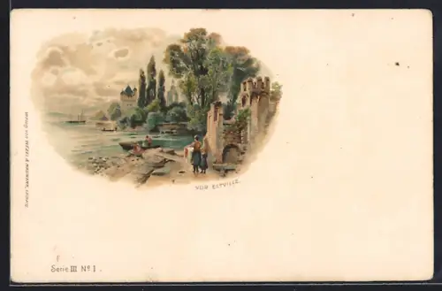 Lithographie Eltville, Ansicht am Rheinufer, Ruine