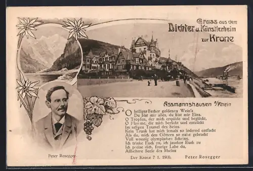 AK Assmannshausen a. Rhein, Dichter- und Künstlerheim zur Krone, Peter Rosegger, Rheinansicht
