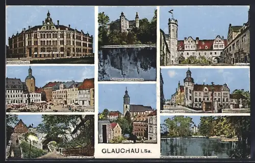 AK Glauchau i. Sa., Rathaus, Schloss Hinterglauchau, Pestalozzi-Schule