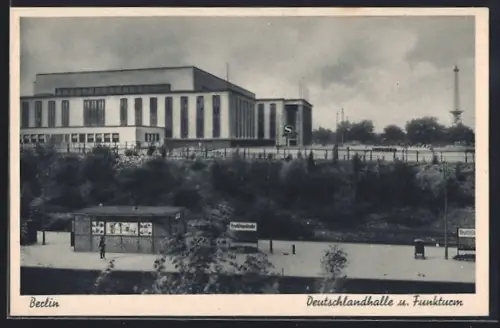 AK Berlin-Charlottenburg, Deutschlandhalle und Funkturm, S-Bahnhof Deutschlandhalle
