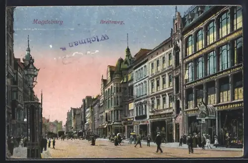AK Magdeburg, Breiteweg, Geschäft der Gebr. Barasch und Passanten