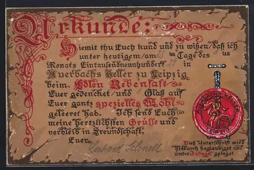 AK Leipzig, Gasthaus Auerbachs Keller, Grimmaische Strasse 2, Trinkerurkunde