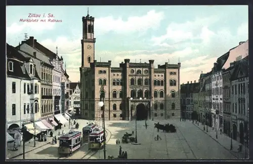 AK Zittau i. Sa., Marktplatz, Rathaus, Strassenbahn