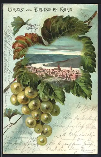 Passepartout-Lithographie Boppard, Ortsansicht vom Eisenbolzberg in einer Traubenrebe