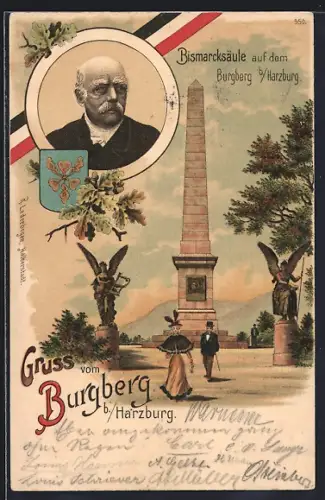 Lithographie Harzburg, Bismarcksäule auf dem Burgberg