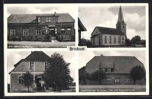 AK Brockum, Gasthaus W. Krone, Altersheim, Manufaktur und Kolonialwaren Fritz Engel