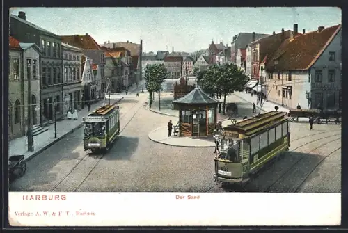 AK Hamburg-Harburg, Strassenbahnen am Sand