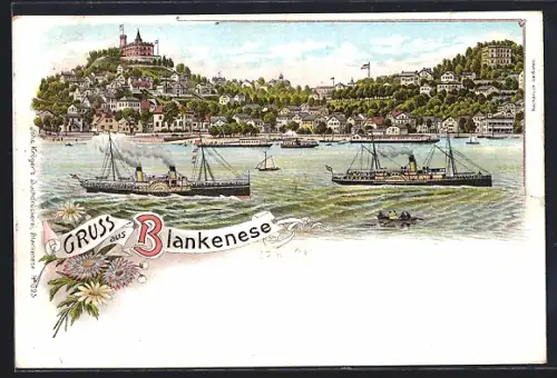 Lithographie Hamburg-Blankenese, Dampfer auf der Elbe, Blick auf den Stadtteil mit Fährhaus W. Sagebiel