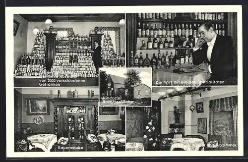 AK Hindorf, Ansichten der Bauernschänke, Getränke-Auswahl, Bauernstube, der Wirt