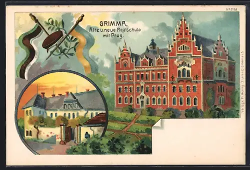 Künstler-AK Grimma, alte und neue Realschule