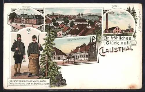 Lithographie Clausthal, Silberhütte, Oberbergamt, Schacht Kaiser-Wilhelm II.