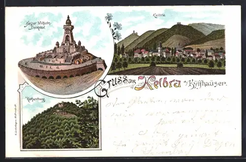 Lithographie Kelbra, Blick auf die Stadt mit Rothenburg und Kaiser Wilhelm-Denkmal